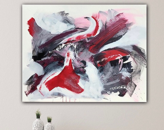 Red abstract original acrylic picture on canvas 56 x 70 cm, timeless red painting abstract, modern wall decoration, art minimalist red