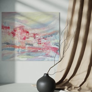 Unique wall picture on canvas, abstract acrylic painting pastel tones 70 x 60 cm, modern art summer abstract, bright painting abstract modern colorful