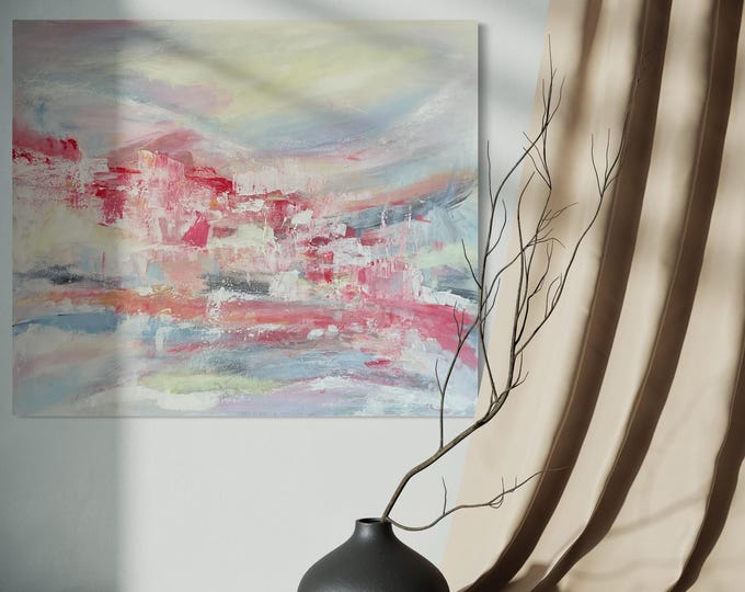 Unique wall picture on canvas, abstract acrylic painting pastel tones 70 x 60 cm, modern art summer abstract, bright painting abstract modern colorful