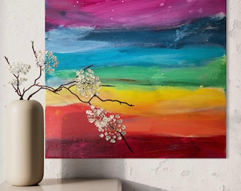 Wandkunst Regenbogen Gemälde abstrakt, Unikat handgemalt 30x30 cm in den Farben der Chakren, Kraft- Energie Leinwandbild