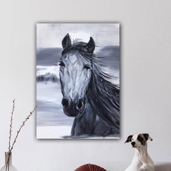 Hand-painted horse animal painting acrylic on canvas, horse love 61 x 46 cm, wall decoration gray horse animal portrait original gray, animal painting