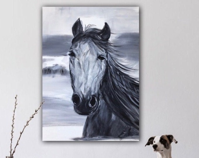 Hand-painted horse animal painting acrylic on canvas, horse love 61 x 46 cm, wall decoration gray horse animal portrait original gray, animal painting