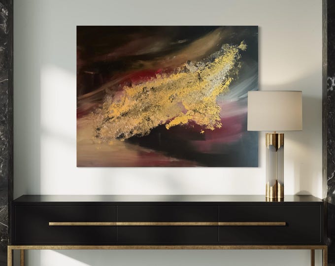 Abstract wall art, unique piece, 80 x 100 cm on canvas, black and gold tones, abstract, large canvas painting, modern painting, cosmos