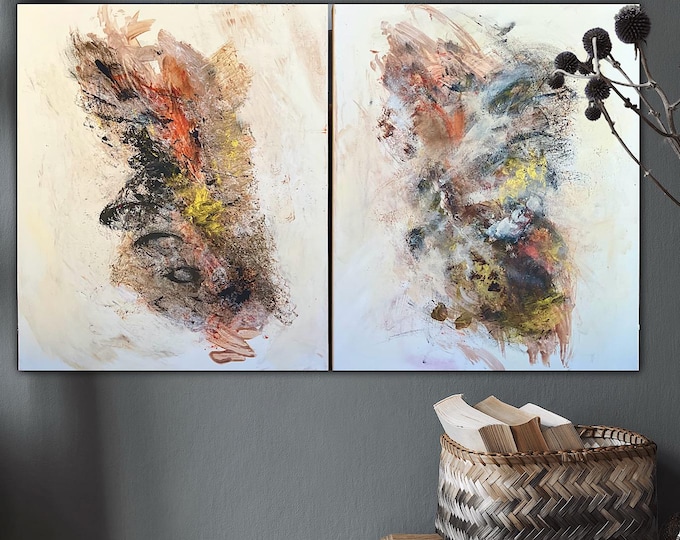 Duo original painting shamanic abstract minimalist 100 x 60 cm, pictures nature earthy, canvas pictures duo set abstract xl stretcher frame