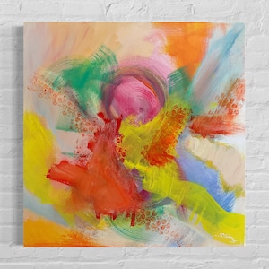 Sunrise abstract painting original in acrylic on canvas 40 x 40 cm, abstract art colorful yellow, orange, blue green and pink modern