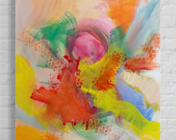 Sunrise abstract painting original in acrylic on canvas 40 x 40 cm, abstract art colorful yellow, orange, blue green and pink modern