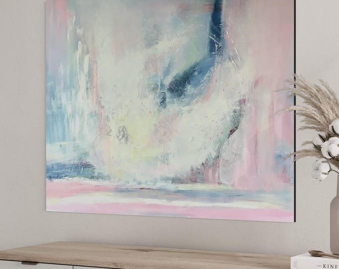 Unique acrylic painting pastel tones original pink blue, abstract modern art light pastel colors large 80 x 100 cm, canvas picture blue northern lights"