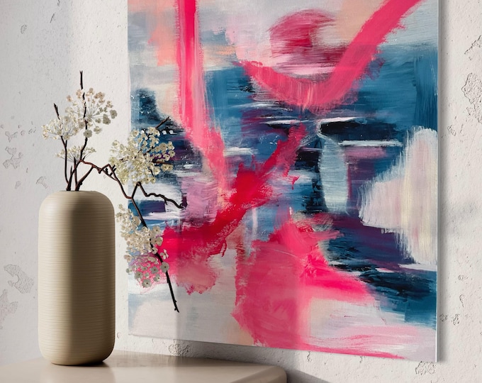 Large abstract unique canvas painting in acrylic 76 x 61 cm, modern art abstract large, contemporary art pink blue abstract
