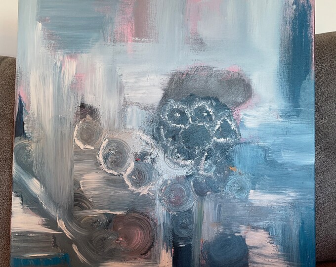 Blue canvas picture abstract acrylic unique 50 x 50 cm, floral picture blue, wall decoration trend, gift idea moving in, picture maritime blue modern