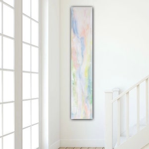 Acrylic painting abstract pastel shades green pink, original painting delicate light pastel colors, canvas abstract 20 x 100 cm abstract in apricot blue