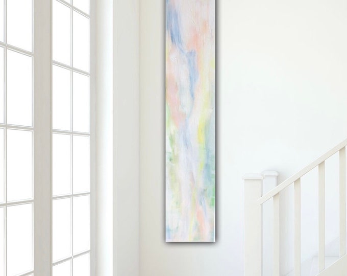 Timeless painting in delicate light pastel tones hand-painted on acrylic canvas, 20 x 100 cm abstract picture original in apricot blue