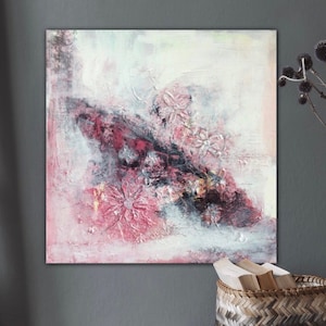 Large timeless abstract flowers 3d painting pink 60 x 60 cm on canvas, original floral wall decoration art, modern painting abstract gray