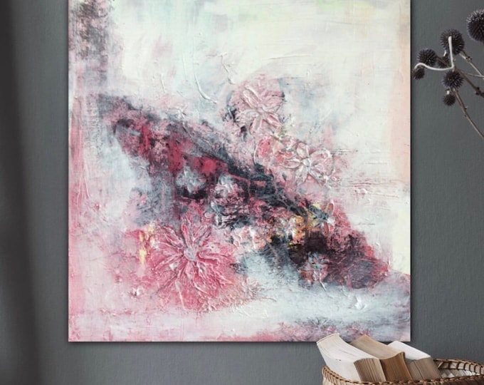 Large timeless abstract flowers 3d painting pink 60 x 60 cm on canvas, original floral wall decoration art, modern painting abstract gray