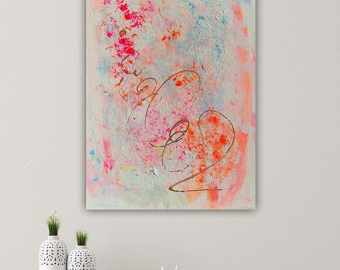 Modern abstract canvas painting, unique piece, hand-signed, 30 x 40 cm, abstract painting in colorful shades of pink with golden highlights