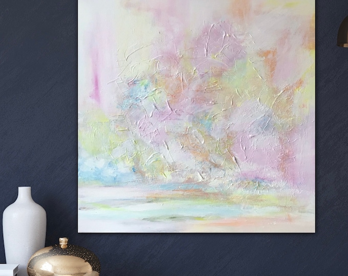 Pastel-colored acrylic painting abstract picture 60 x 60 cm, abstract painting, timeless bright colors wall decoration, "Over the rainbow" picture love
