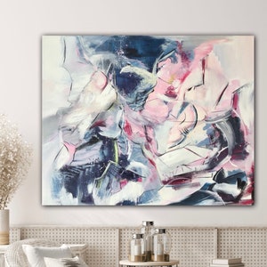 Original canvas painting abstract large blue pink canvas acrylic 60 x 76 cm, wall decoration painting multicolored, hand-painted abstract art modern
