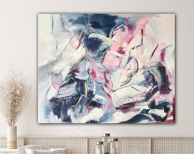 Large abstract picture blue pink canvas acrylic 60 x 76 cm, wall decoration original painting multicolored, cheerful timeless pink painting modern