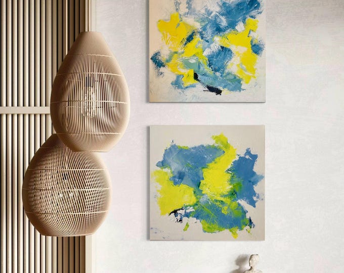 Duo unique sunshine abstract on canvas each 50 x 50 cm original painting abstract yellow white blue, modern art abstract pictures