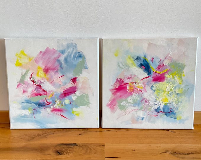 Duo abstrakt Leinwandbilder Unikate, Wandbilder Set voller Optimismus 80x40cm, Pastellfarben zart abstrakt, moderne Kunst, abstrakte Malerei
