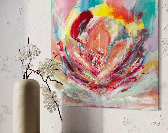 Lotus of Light - Unique painting lotus flower on canvas 80 x 80 x 2 cm, abstract flower painting original, wall painting hand-painted floral