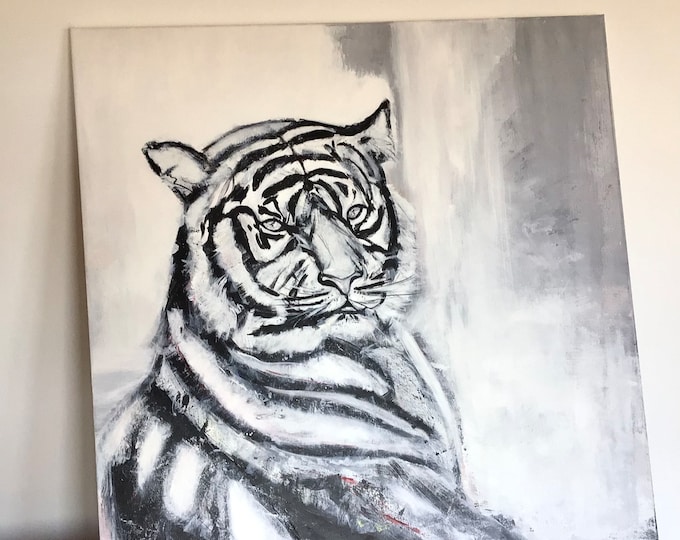 Power animal XL tiger acrylic painting 80 x 80 cm single piece, animal painting original picture black grey, wall decoration animals canvas picture tiger large