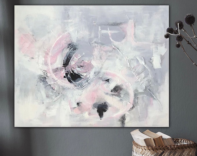 Large timeless painting with 3d abstract original painting infinity, pink grey canvas picture 56 x 71 cm, contemporary wall decoration unique