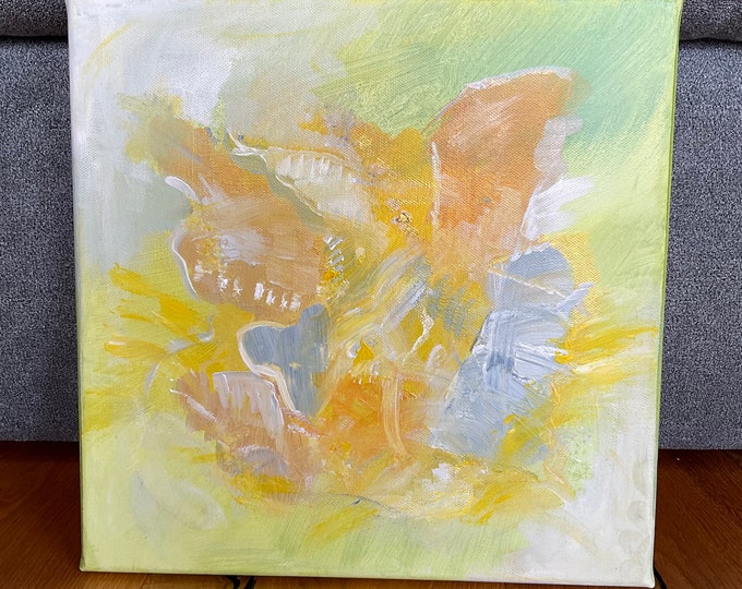 Hell leuchtendes abstraktes Original Wandbild in Acryl in grün gelb gold blau, bunt fröhliches Bild 30 x 30 cm, Schmetterling der Hoffnung