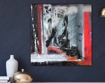Modern abstract painting in acrylic on canvas 50 x 50 cm, dark and bright colors, unique wall decoration black grey, modern painting