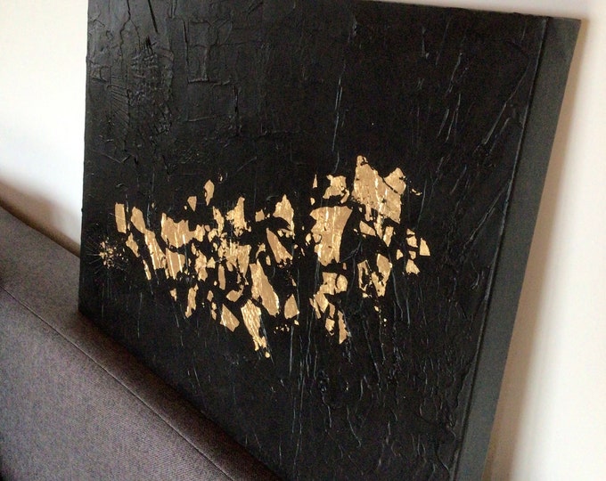 Abstract structural picture black elegant 50 x 70 cm, modern black structure painting on XL canvas abstract, modern painting abstract