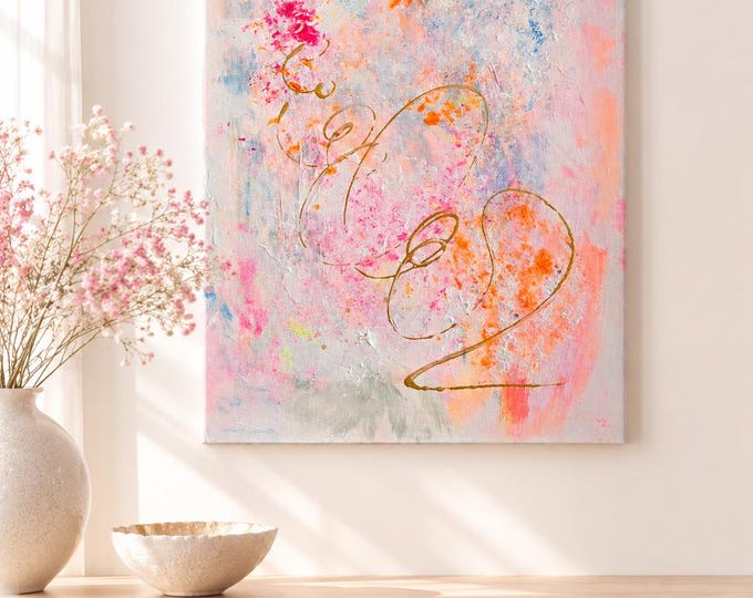 Modern abstract canvas painting, original hand-signed, 30 x 40 cm, abstract painting in colorful shades of pink with golden highlights
