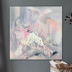 Timeless abstract painting in acrylic on canvas 50 x 50 cm, modern wall decoration cheerful, trend art painting abstract original grey pink