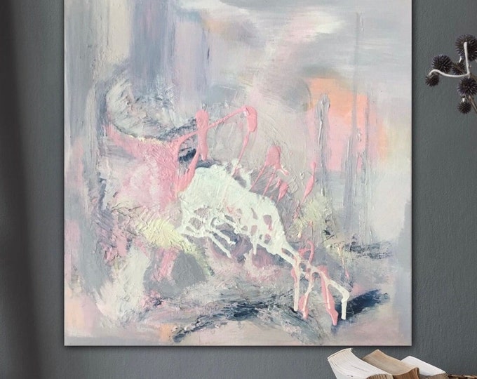 Timeless abstract painting in acrylic on canvas 50 x 50 cm, modern wall decoration cheerful, trend art painting abstract original grey pink