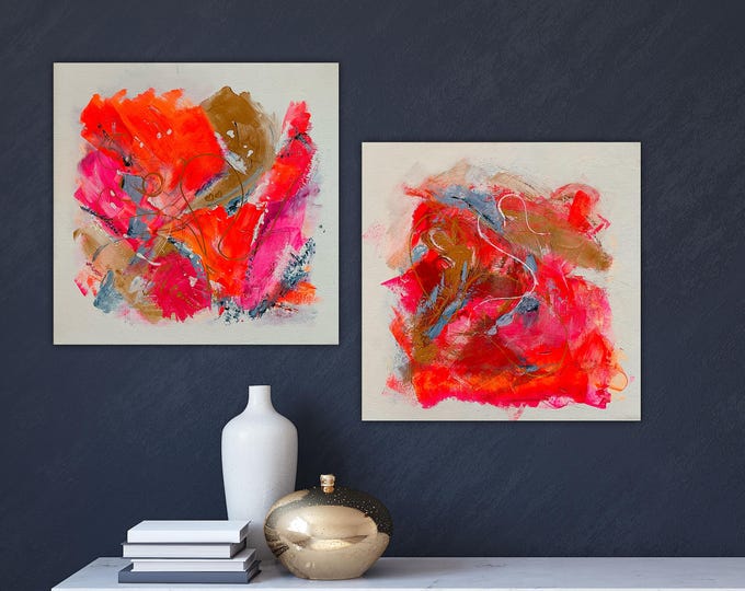 Abstract modern duo, original duo canvas paintings modern 80 x 40 cm, abstract art Luminous in radiant pink, orange and gold tones