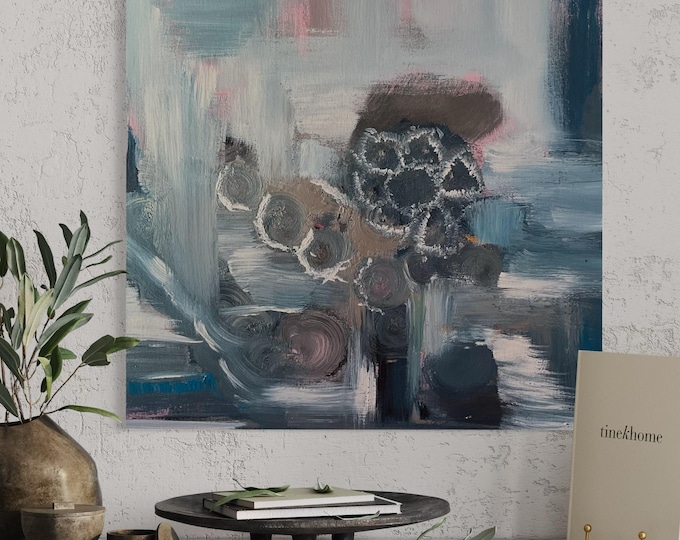 Blue canvas picture abstract acrylic unique 50 x 50 cm, floral picture blue, wall decoration trend, gift idea moving in, picture maritime blue modern
