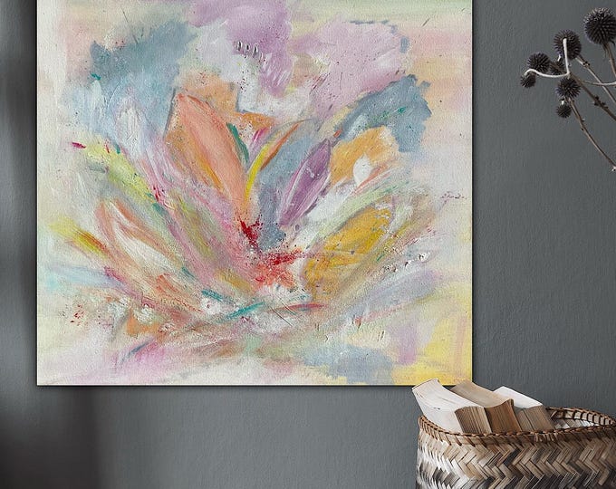 Abstract lotus flower "Lotus light of the soul" – pastel art in acrylic, 50 x 50 cm, minimal art, canvas picture 50 x 50 cm original painting colorful