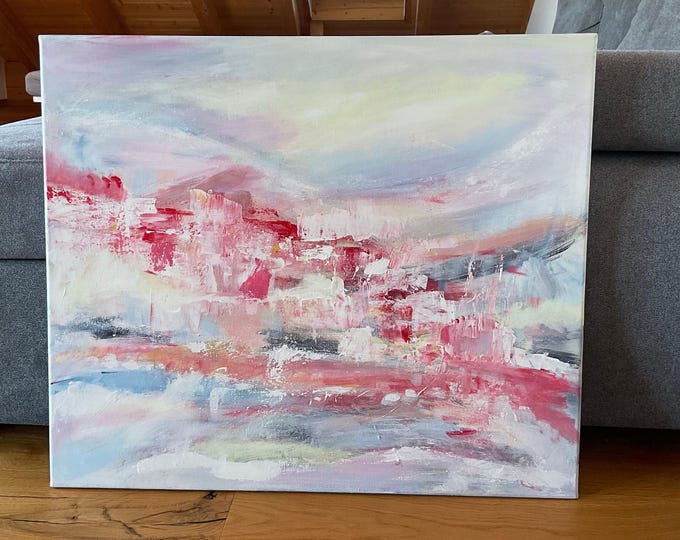 Unique wall picture on canvas, abstract acrylic painting pastel tones 70 x 60 cm, modern art summer abstract, bright painting abstract modern colorful