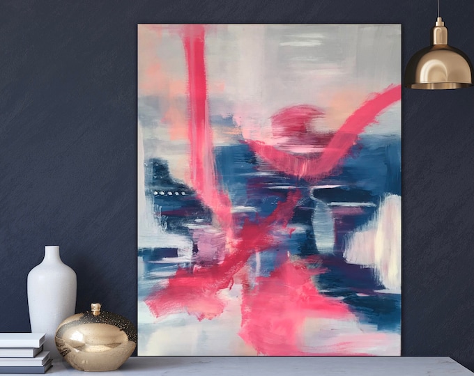 Large abstract original picture in acrylic on canvas 76 x 61 cm, modern art large, bright colors painting gift idea pink gray