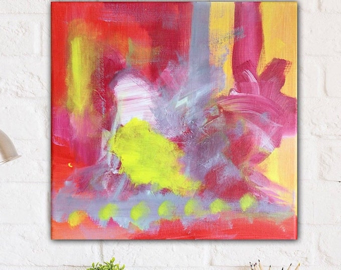 Original painting abstract cheerful colorful square on canvas small 30 x 30 cm, wall picture orange yellow red sunshine unique, decoration trend