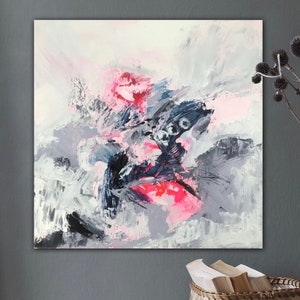 Modern acrylic painting on canvas “flower meadow” cheerful, abstract 50 x 50 cm wall decoration trend floral unique, pink colorful picture pink gray