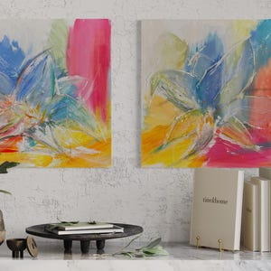 Duo unique painting pastel abstract or single, 100 x 50 x 2 cm, flower picture abstract light pastel colors, floral painting hand-painted
