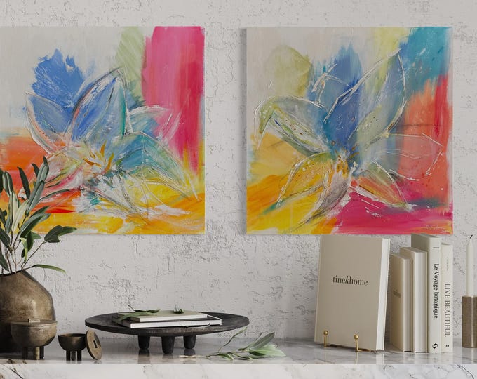 Unique painting radiantly beautiful duo or individually, each 50 x 50 x 2 cm, flower picture abstract light pastel colors, floral painting hand-painted