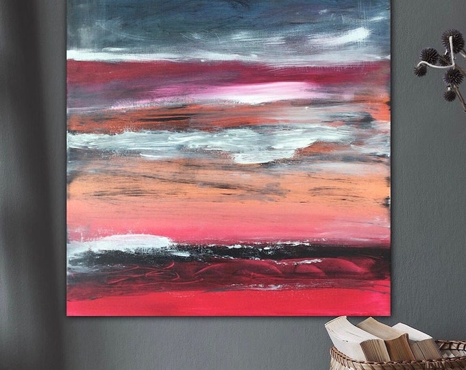 Original painting canvas picture 50 x 50 cm in acrylic, modern abstract sunset painting in strong colors, decorative trend red orange