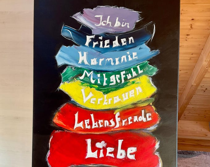 Chakras canvas picture original 80 x 60 cm, wall picture chakras the rainbow within us, spiritual art for well-being, self-love decorative painting