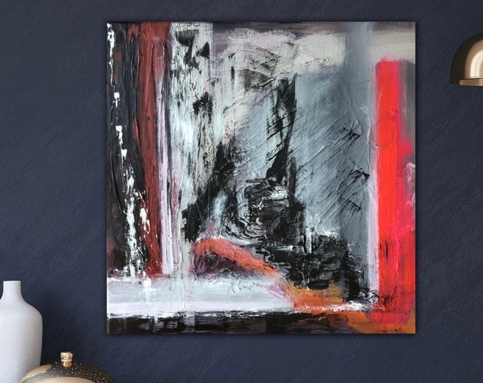 Modern abstract painting silver black acrylic canvas 50 x 50 cm, dark bright colors, unique wall decoration black gray, modern painting