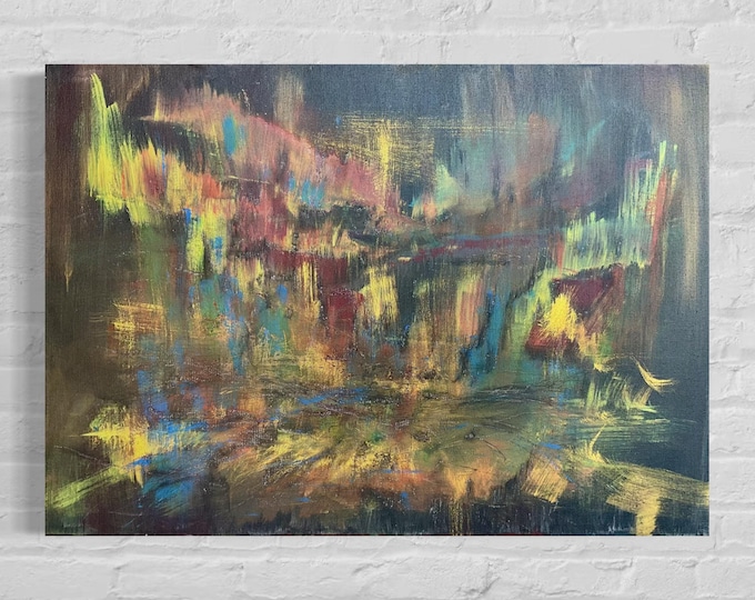 Northern Lights abstract unique artwork hand-painted 70 x 50 x 4.5 cm, abstract canvas painting landscape, modern interior design wall picture