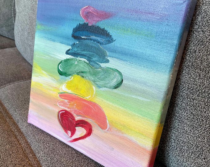 Chakras unique painting small on canvas 20 x 20 cm, wall picture hand-painted energy picture balancing, abstract artwork colored red heart
