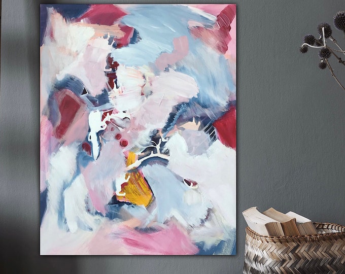 Colorful modern art abstract joy of life original acrylic painting canvas 70 x 56 cm, wall decoration painting, energy picture joy painting abstract pink