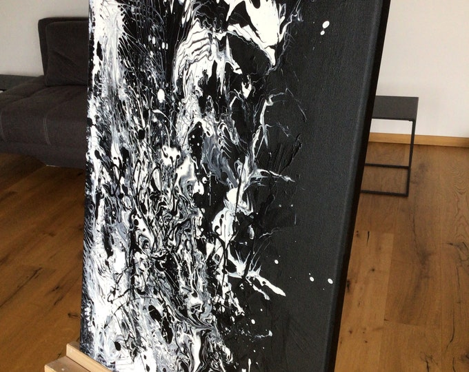 Original picture abstract wall decoration on canvas black white 40 x 60 x 2 cm elegant modern, abstract mixed media artwork decoration trend black