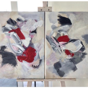 Unique large duo abstract pictures gray red beige in acrylic on canvas 60 x 90 cm, modern abstract original paintings, modern art