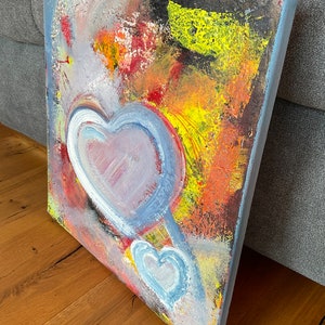 Heart picture original abstract, canvas picture hand-painted 40 x 40 cm love, picture with hearts &quot;heart bonds&quot;, two hearts picture love modern unique